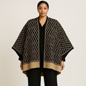 MING‎ WANG Black Gold Diamond Pattern Open Front Kimono Cardigan Cape One Size